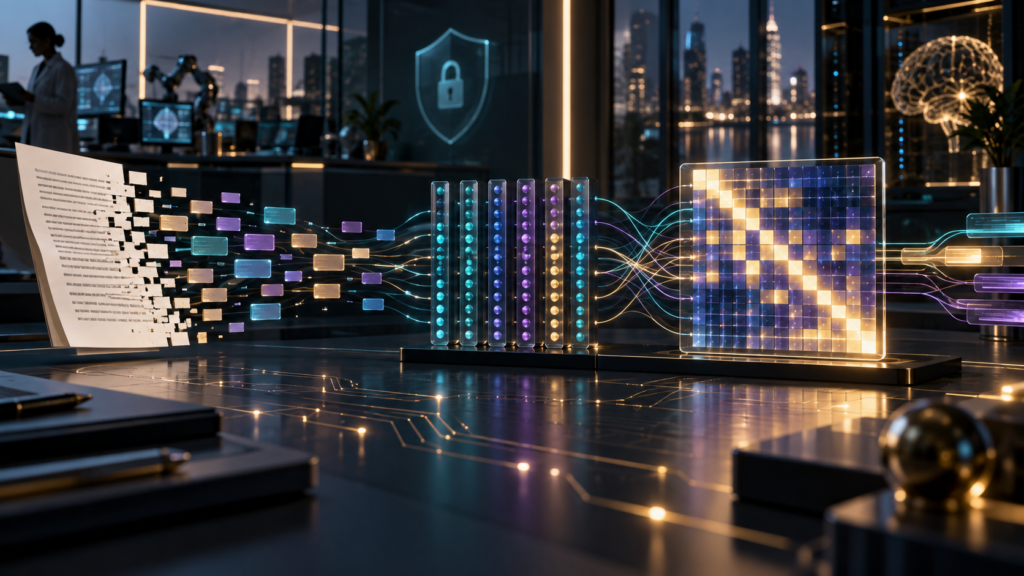 Abstract secure AI laboratory showing text tokens flowing into embeddings and an attention matrix
