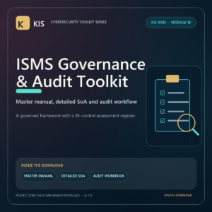 KIS ISMS Module 18 ISMS Governance and Audit Toolkit cover featuring an audit checklist, representing the master manual, detailed SoA and audit workflow.