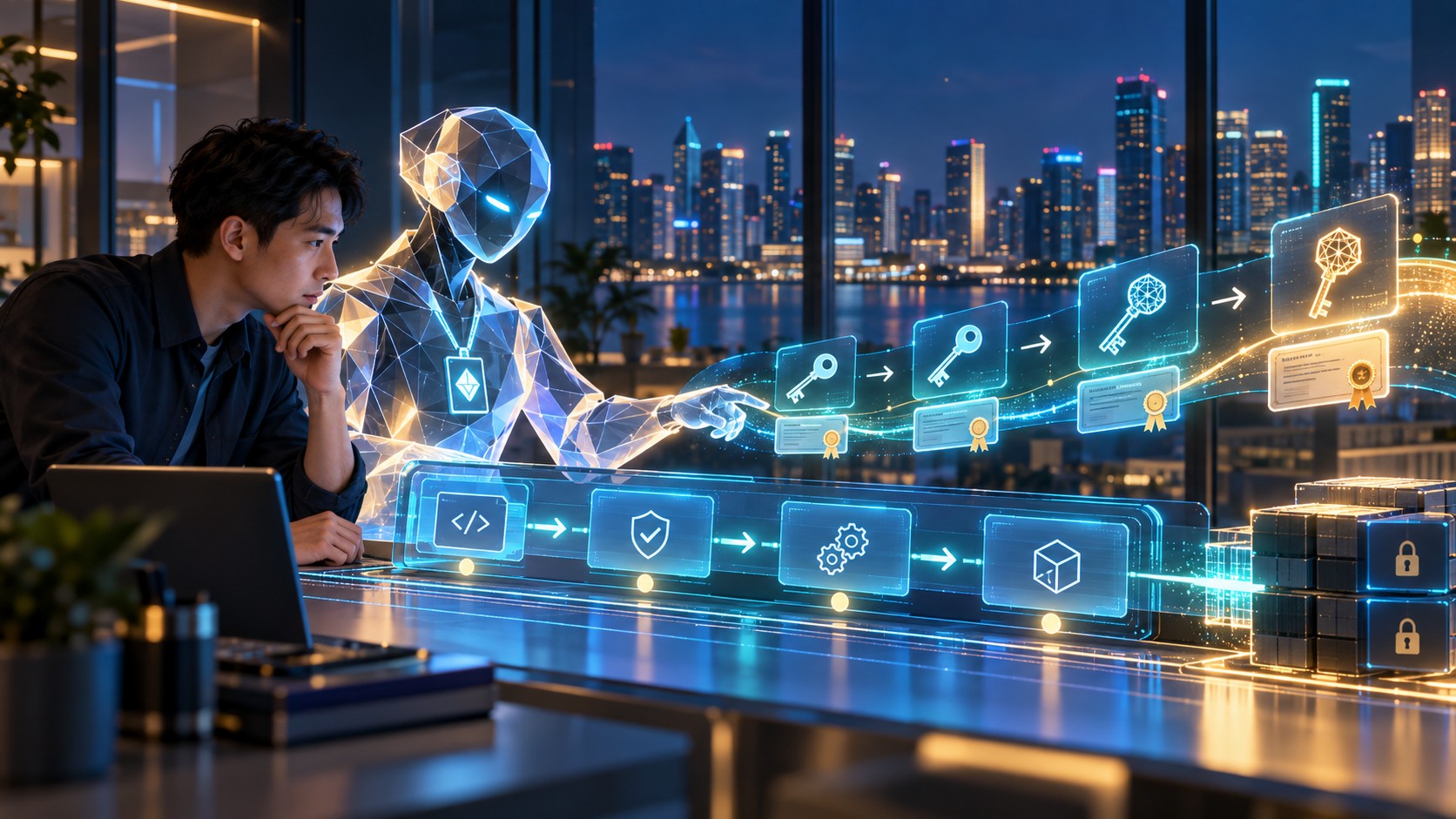 An engineer oversees an AI software agent in a Singapore code pipeline as its identity and cryptographic credentials move through a secure change path.