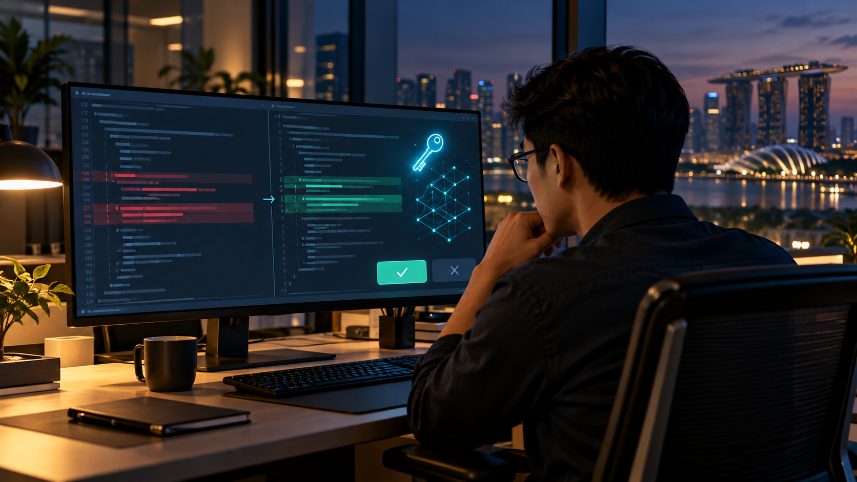 A software engineer reviews an AI coding assistant’s proposed cryptographic code change in a Singapore office, with an abstract key and lattice motif on screen.