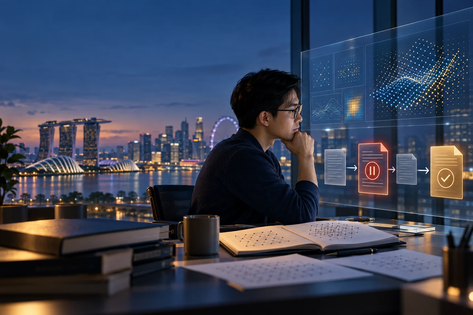 Illustrative artwork of a researcher reviewing AI-assisted cryptographic analysis in a Singapore office; not a depiction of a real incident.