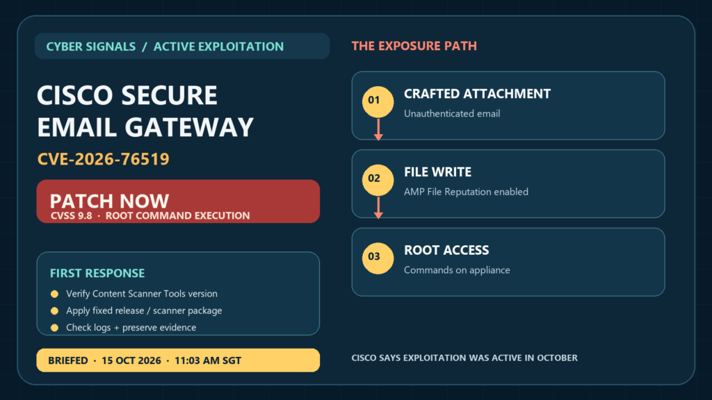 Cyber Signals infographic: Cisco Secure Email Gateway CVE-2026-76519 can allow unauthenticated root-level command execution under specific configuration; briefed 15 October 2026 at 11:03 AM SGT.