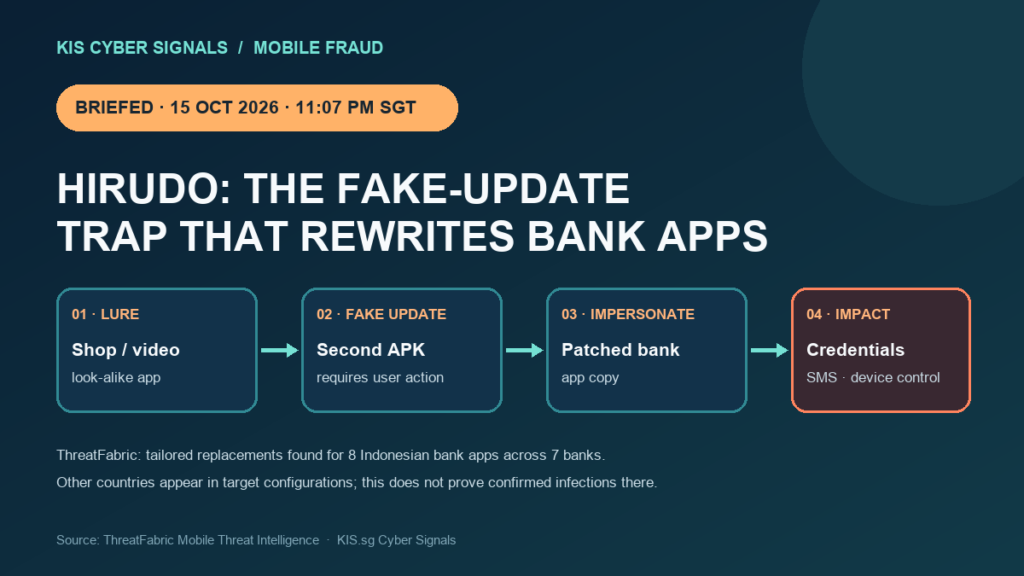 Hirudo Android banking Trojan diagram with fake-update lure, second APK, patched Indonesian banking apps, credential and SMS theft; briefing badge reads 15 Oct 2026, 11:07 PM SGT.