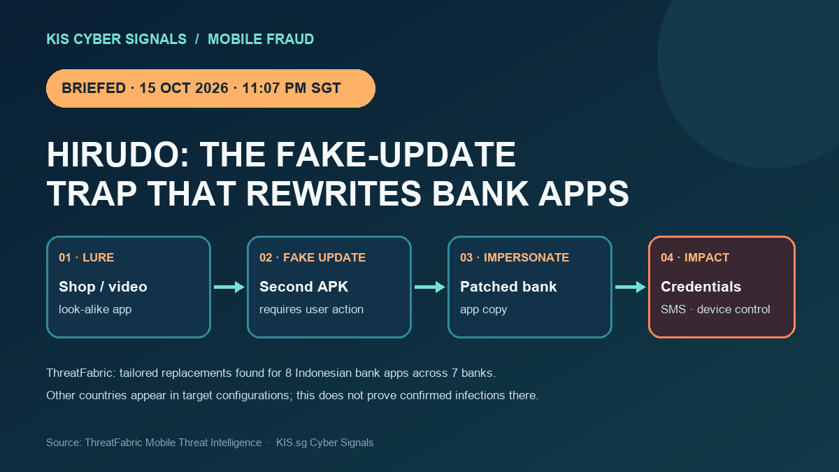 Hirudo’s fraud chain: a themed lure app prompts a fake update, installs a second APK, impersonates selected banking apps, and can steal credentials, SMS, or enable remote control.