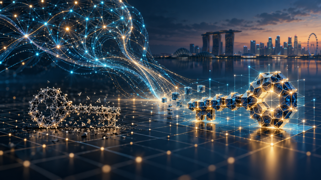 Abstract lattice structures and neural-network lines converge around a digital key above a Singapore skyline. Illustrative art about AI-assisted post-quantum cryptography, not a depiction of the HAWK research.