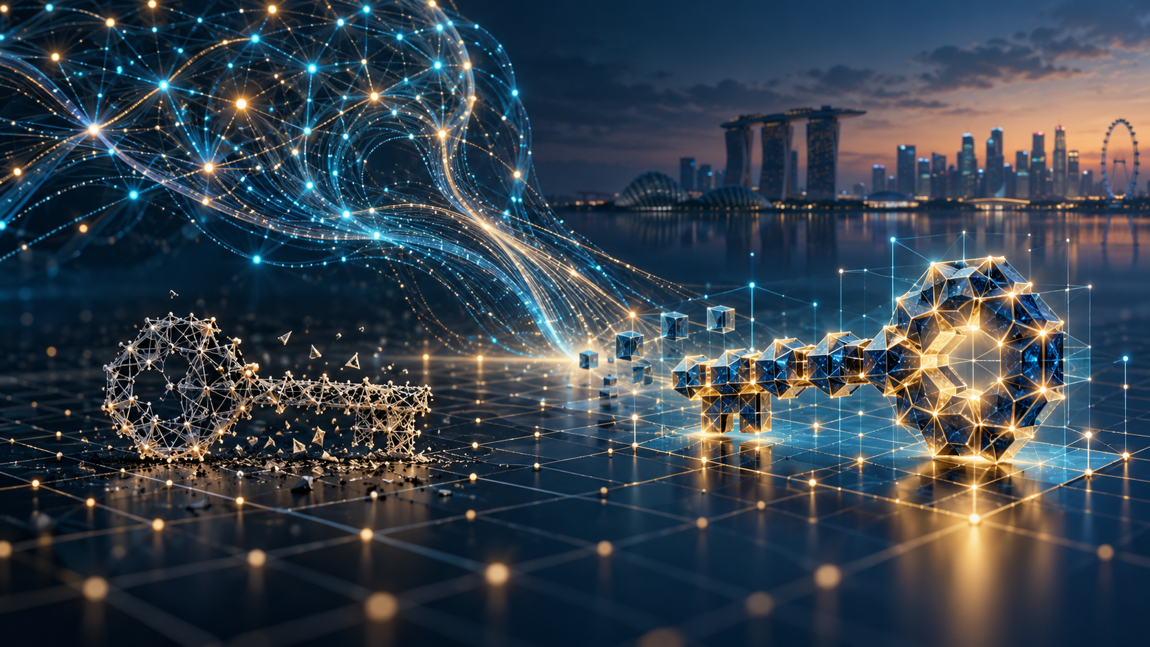 Abstract lattice structures and neural-network lines converge around a digital key above a Singapore skyline. Illustrative art about AI-assisted post-quantum cryptography, not a depiction of the HAWK research.